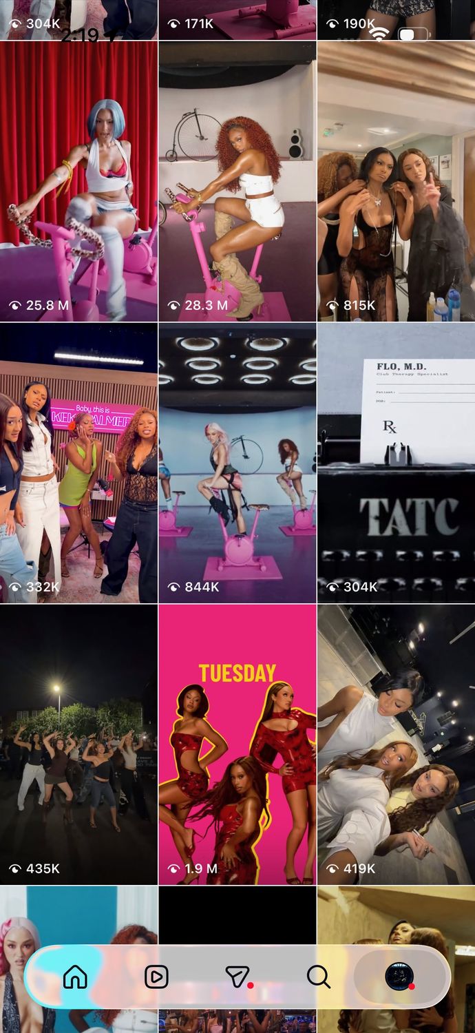 A TikTok profile grid with view counts in the millions